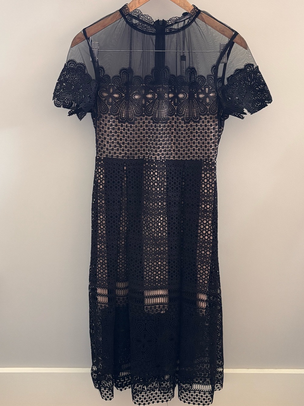 Romeo & Juliet Couture Black Lace Midi Dress with Sheer Yoke